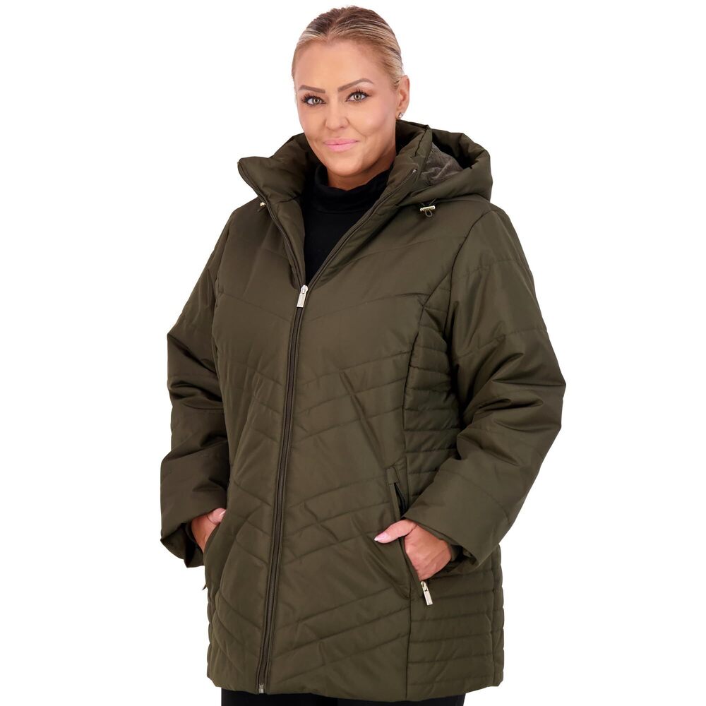 Jones New York Women's Puffer Jacket Zippered Removable Bungee, Olive, Size S